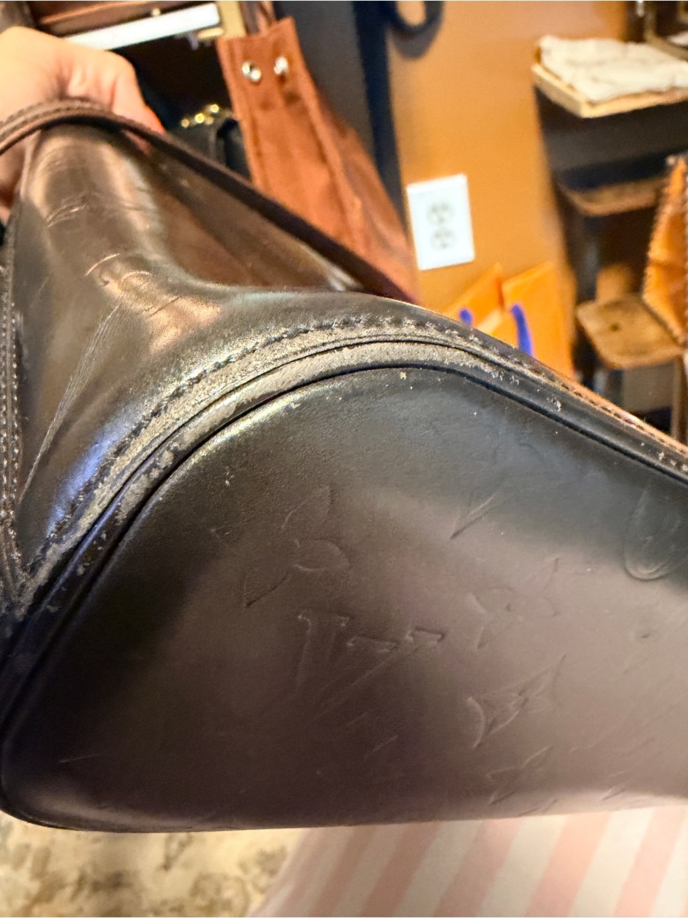 Louis Vuitton Sutter Monogram Embossed Shoulder Bag in Black w Brown Strap - Picture 11 of 12
